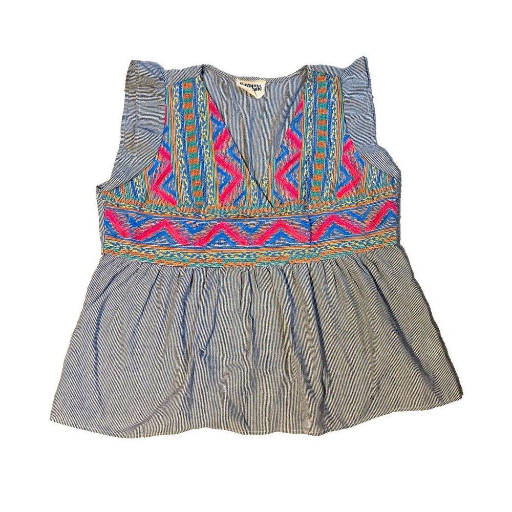 Savanna Jane Womens 2X Plus Sleeveless V-Neck Embroidered Striped Top
